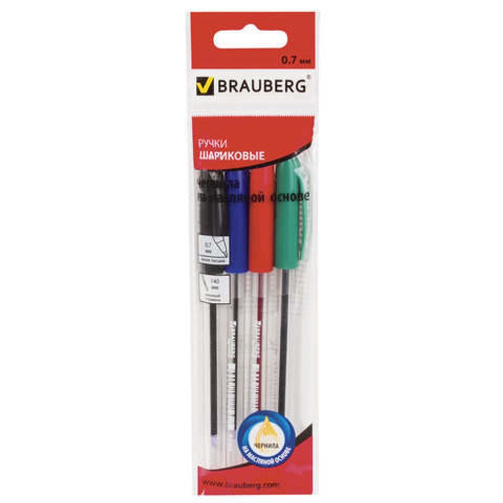 Набор шариковых ручек 4цв. Brauberg Rite-Oil, прозрачный корпус с цветным колпачком