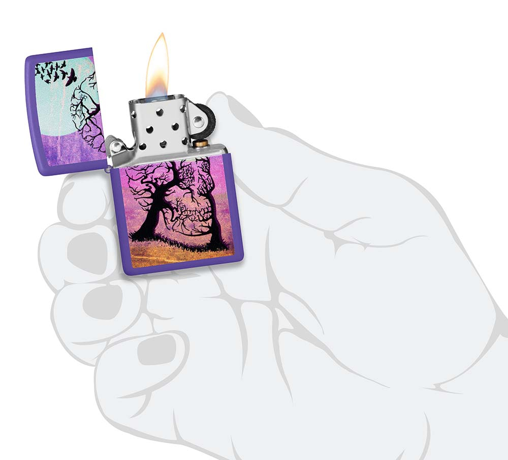 Зажигалка Zippo Skull Tree с покрытием Purple Matte, латунь/сталь, черная 38x13x57 мм