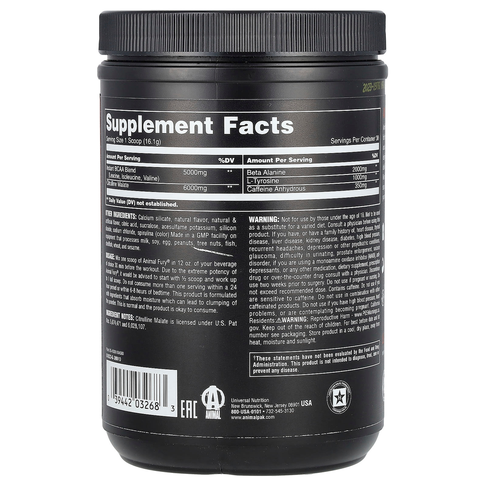 Animal, Fury® Essentials, предтренировочный комплекс, со вкусом зеленого яблока, 483 г (1,06 фунта)