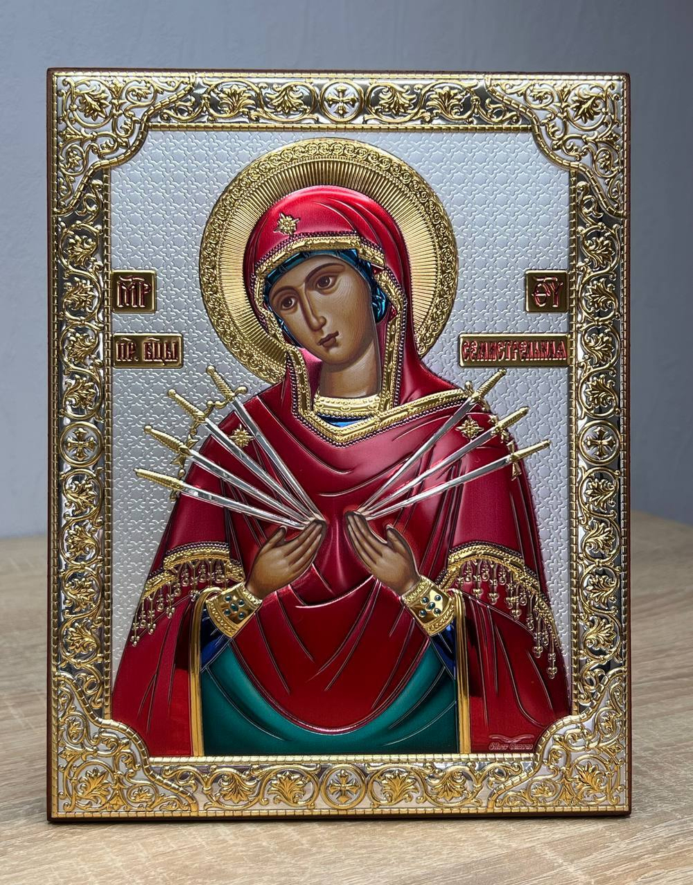 Семистрельная БМ, икона прямоугольная без рамки, красное дерево, эмаль 175х225