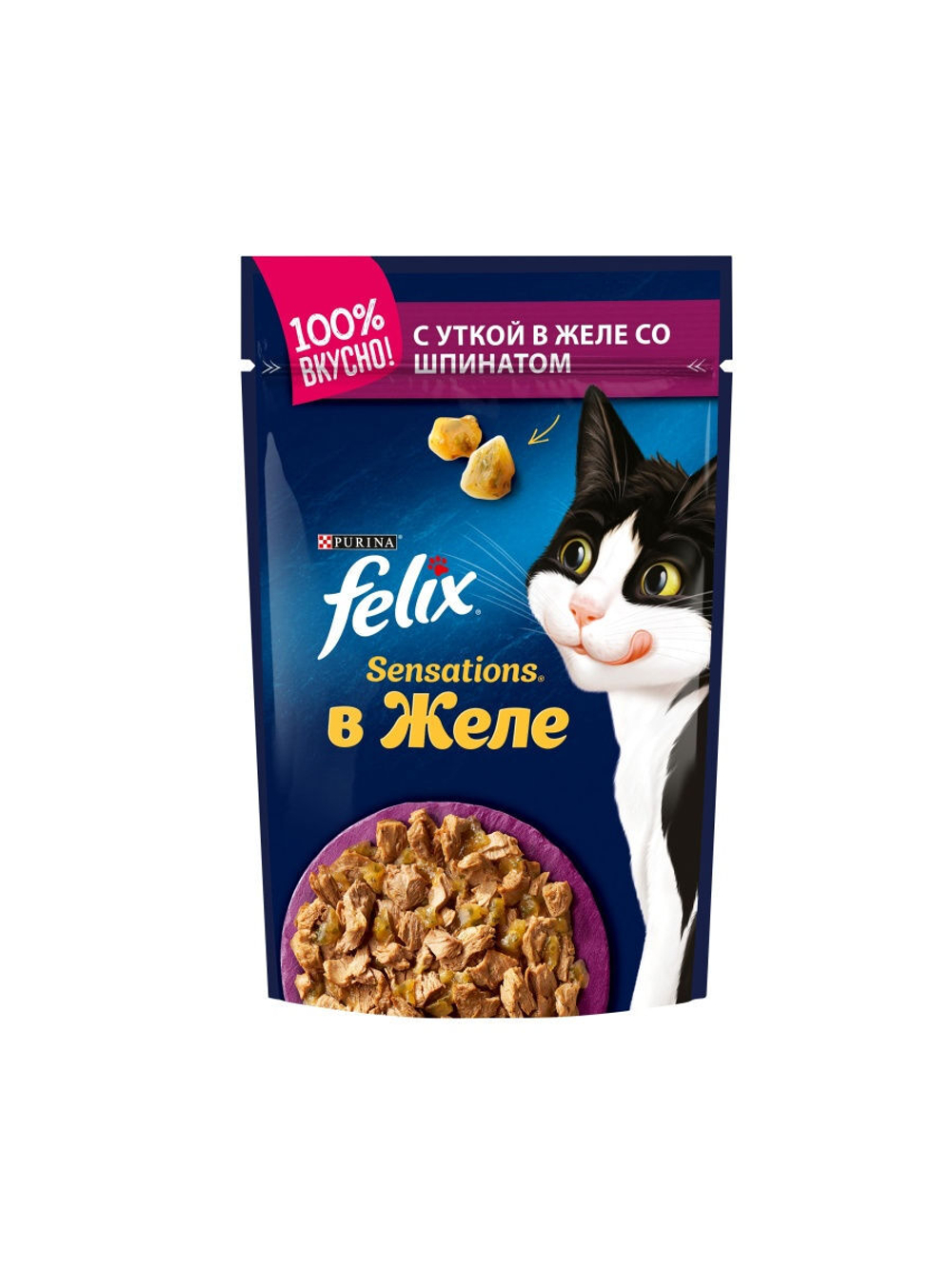 Влажный корм Felix Sensations для кошек, утка в желе со шпинатом, 85 г