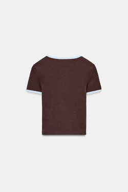 ZARA ФУТБОЛКА С КОНТРАСТНЫМИ ДЕТАЛЯМИ, КОРИЧНЕВЫЙ