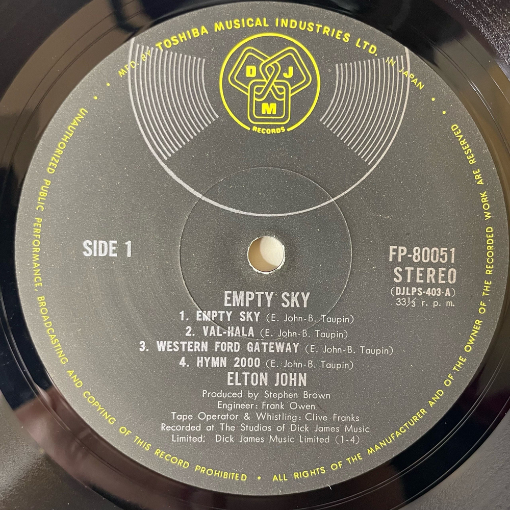 Винтажная виниловая пластинка LP Elton John Empty Sky (Япония 1970) (Без Оби)
