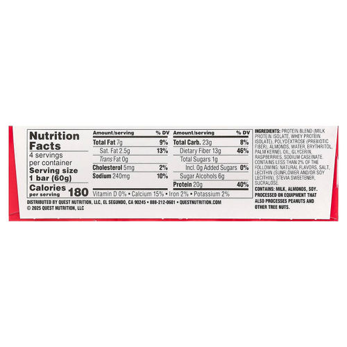 Quest Nutrition, протеиновый батончик, белый шоколад и малина, 4 шт. по 60 г (2,12 унции)