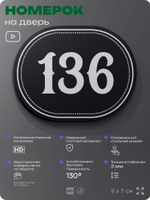 Номерок на дверь квартиры 136, для кабинета, офиса, шильдик 9 х 7 см, черный, Айдентика Технолоджи