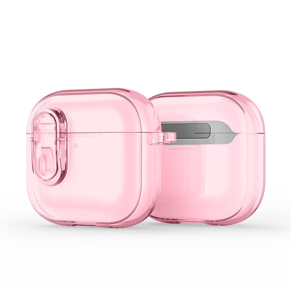 Прозрачный чехол розового цвета от Dux Ducis для наушников AirPods 4, серия PECL Series Case, в комплекте с карабином