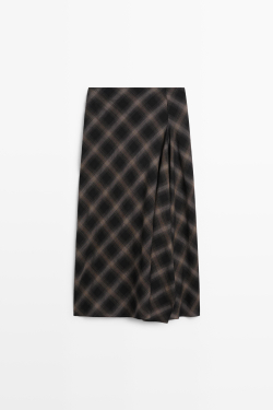 Massimo Dutti Миди-юбка из смеси шерсти и хлопка в клетку с разрезом, черный