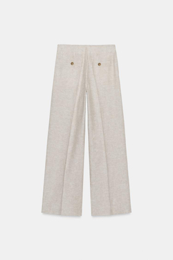 ZARA БРЮКИ ПРЯМОГО КРОЯ СО СКЛАДКАМИ ИЗ СМЕСОВОГО ЛЬНА, ПЕСОЧНЫЙ МЕЛАНЖ