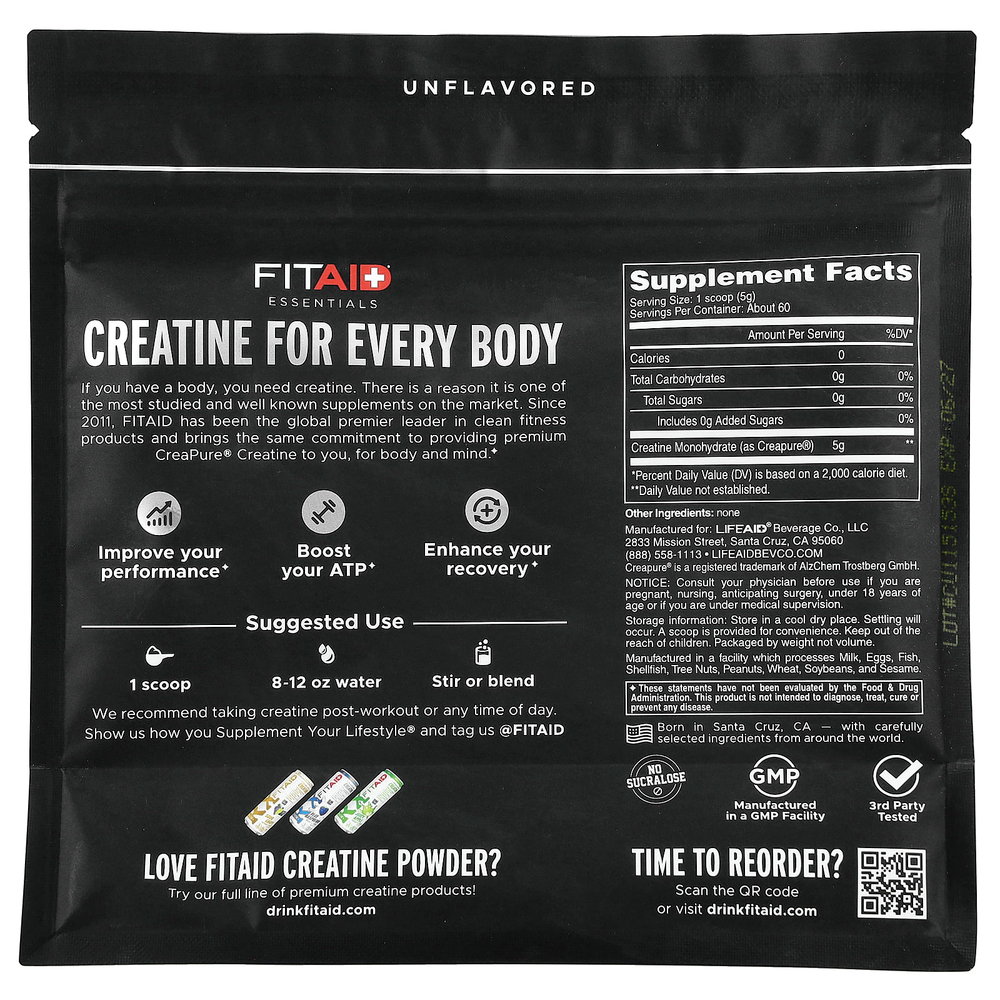 FITAID, Essentials, моногидрат креатина, без добавок, 300 г (10,6 унции)