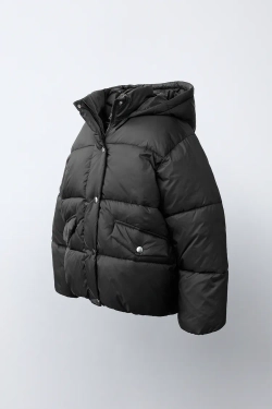 ZARA СТЕГАНАЯ КУРТКА WATER-REPELLENT С КАПЮШОНОМ, ЧЕРНЫЙ
