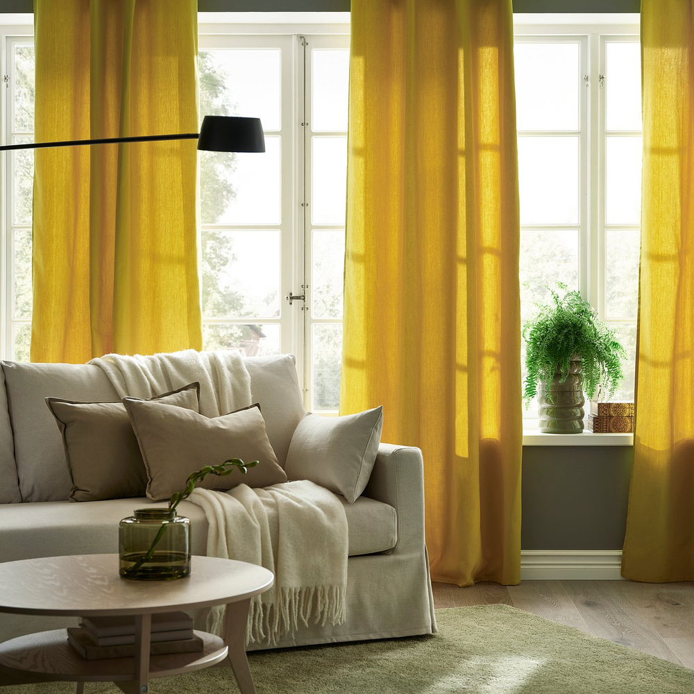 IKEA GINSTMOTT  (ИКЕА ГИНСТМОТТ)  -  Штора, 2 шт - жёлтая/на тесьме 145x300 см