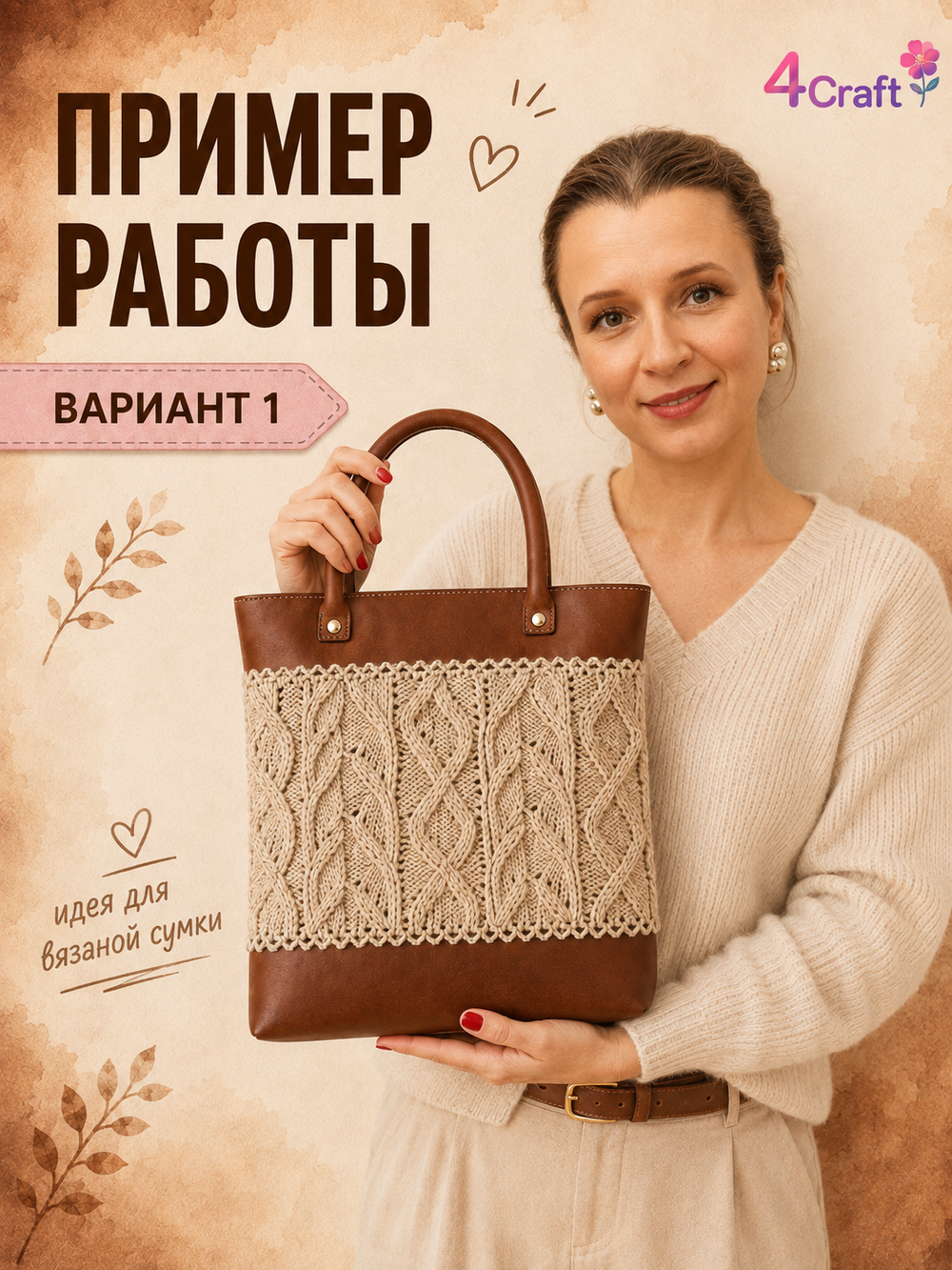 Набор для вязания сумки тоут: 1 донышко и 1 верх с ручками ( цвет коричневый)/ фурнитура для сумок, корзин