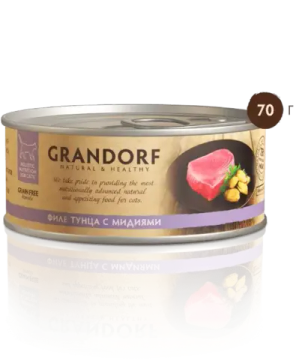 Grandorf Консервы для кошек Филе тунца с мидиями в бульоне 70г