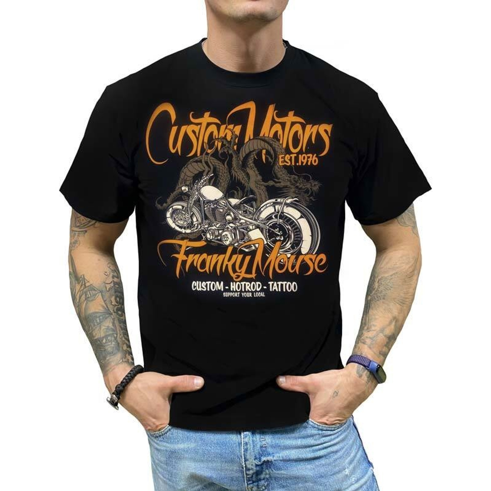 Футболка Franky Mouse Custom motors est. 1976 (дракон-мотоцикл) (S / черный)