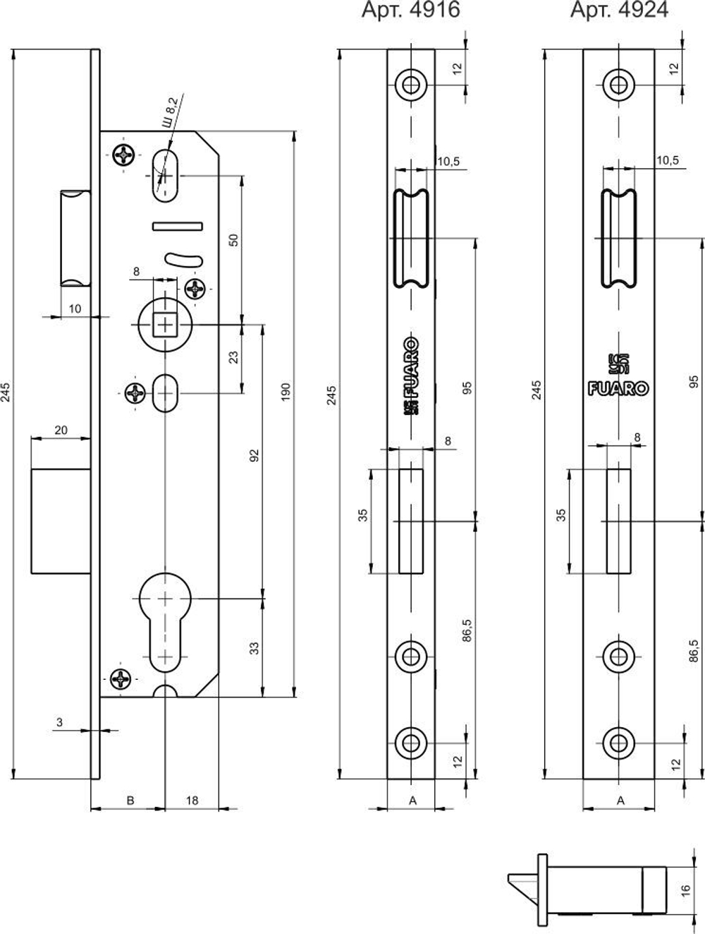 Корпус узкопрофильного замка с защелкой PROF4924-35/92 CP хром