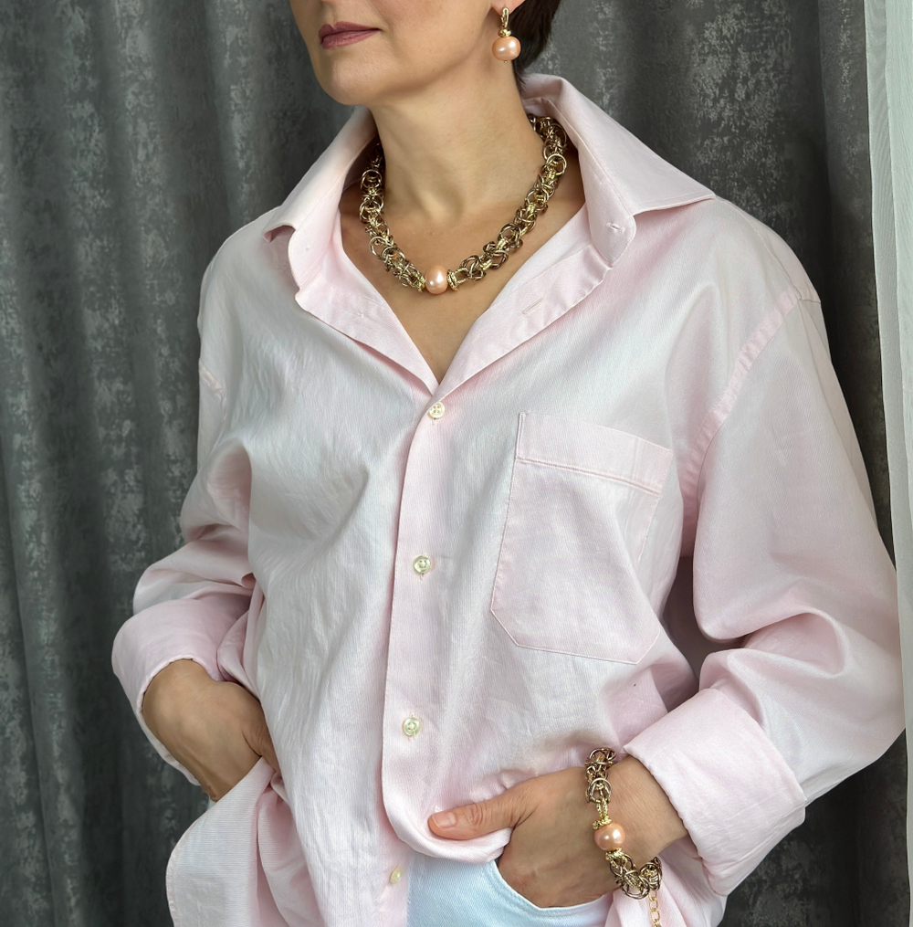 HMG 1131 peach Колье Византия с жемчужиной 1,9 см арт.2100
