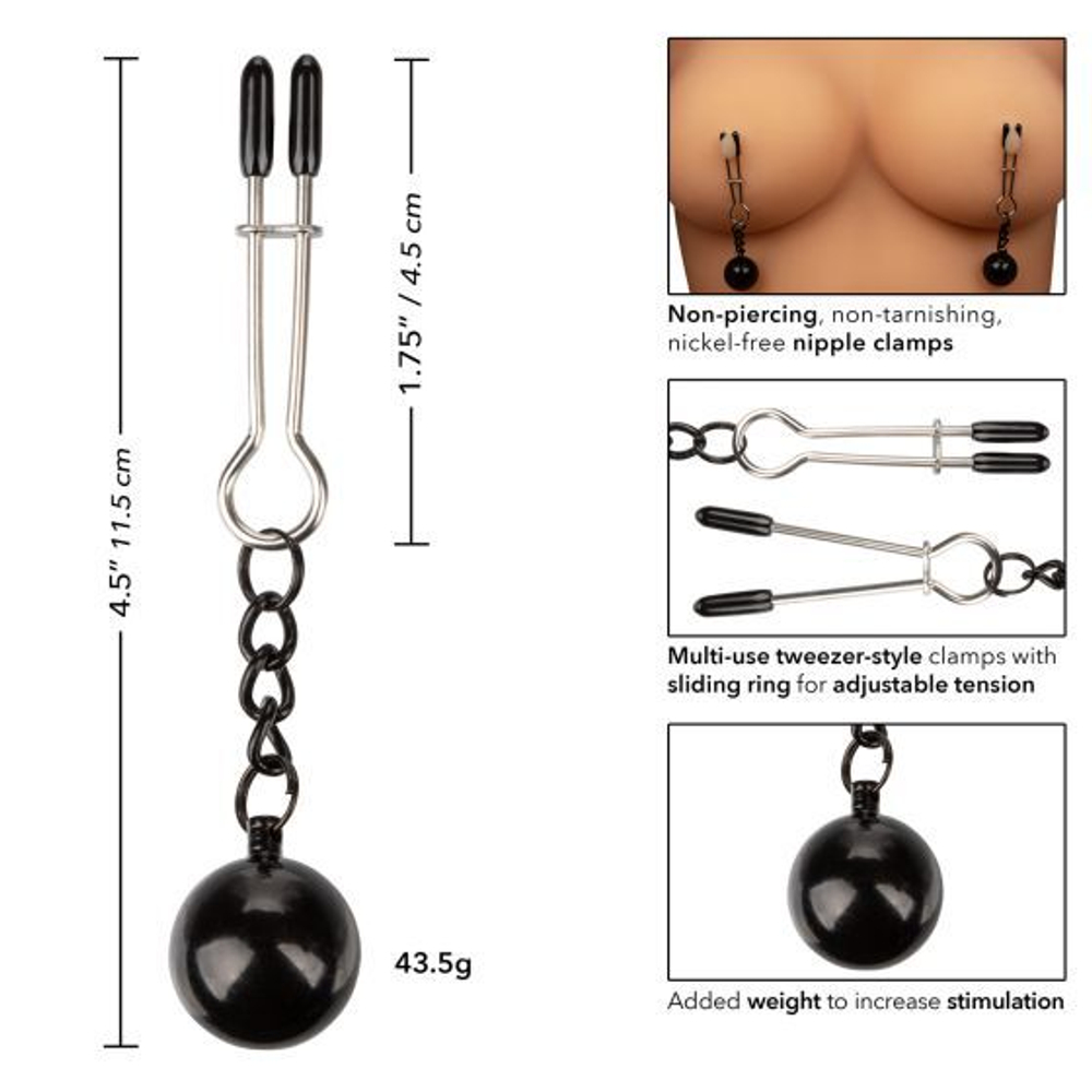 Утяжеленные зажимы-прищепки для сосков Nipple Grips Weighted Tweezer Nipple Clamps (Цвет: серебристый с черным)