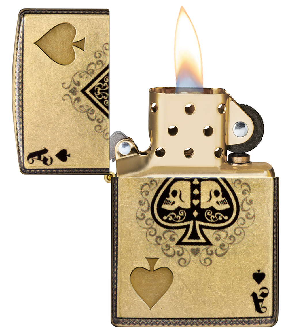 Зажигалка ZIPPO Ace of Skulls Design с покрытием 540 Tumbled Brass, латунь/сталь, золотистая, 38x13x