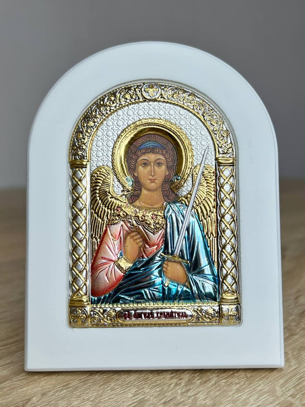 Ангел Хранитель, икона арочная, белое дерево, эмаль 86х112