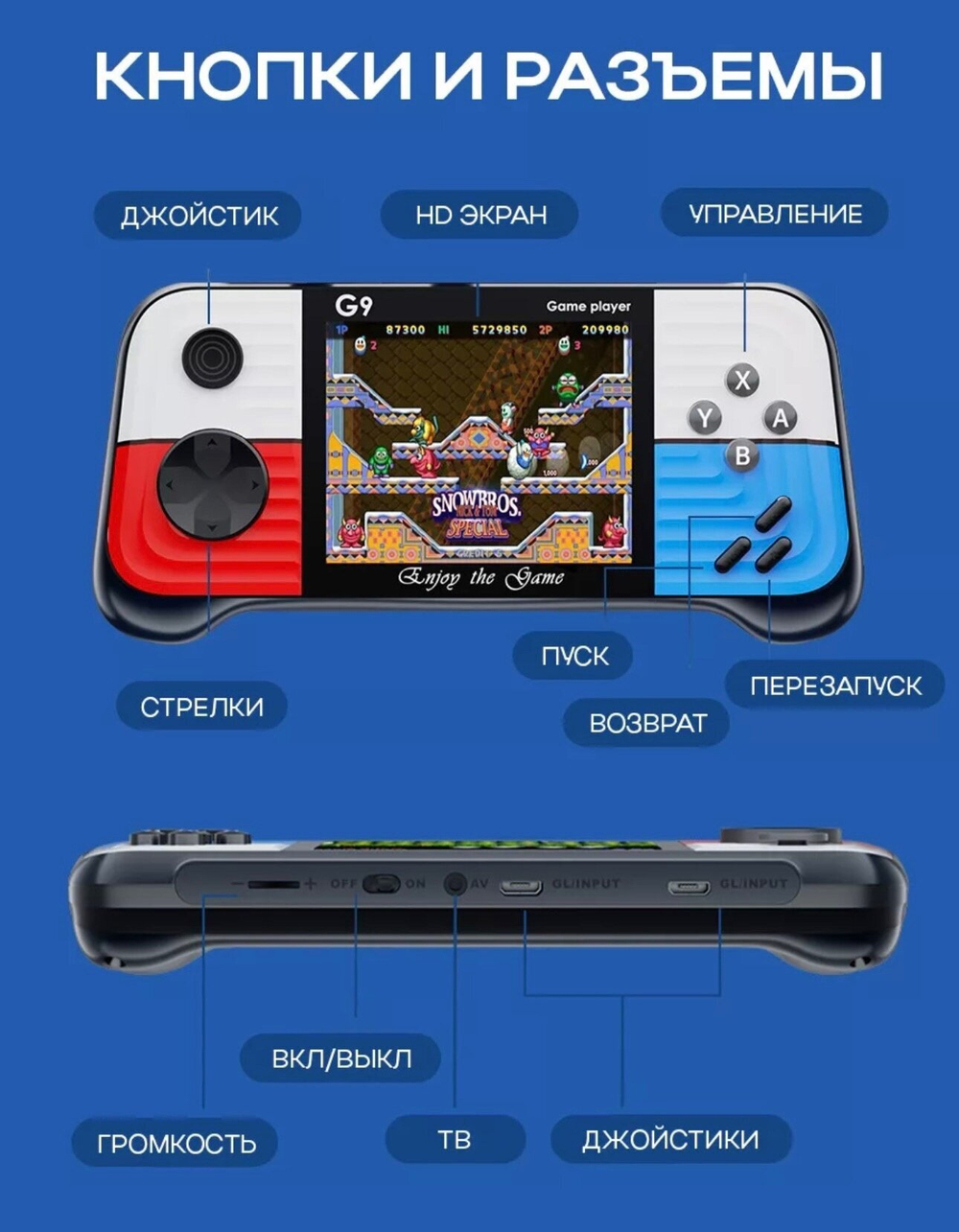 Портативная игровая приставка Game Box G9 с 666 встроенными играми и геймпадом синий