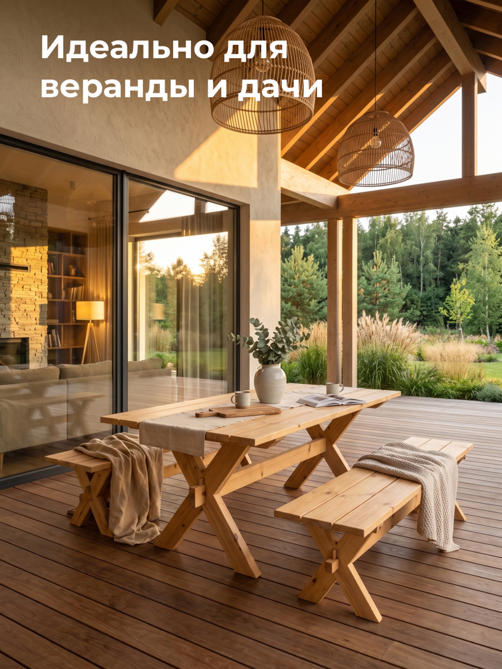 Стол обеденный, 210х103х73, Осло, для веранды и сада, массив сосны, бейц, Dipriz