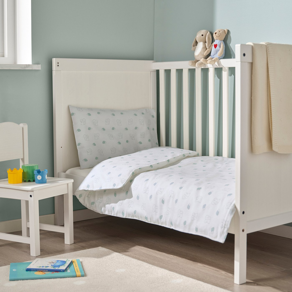 IKEA LEN  (ИКЕА ЛЕН)  -  Пододеяльник и 1 наволочка для детской кроватки - белый синий/в белочки и ежики 110x125/35x55 см