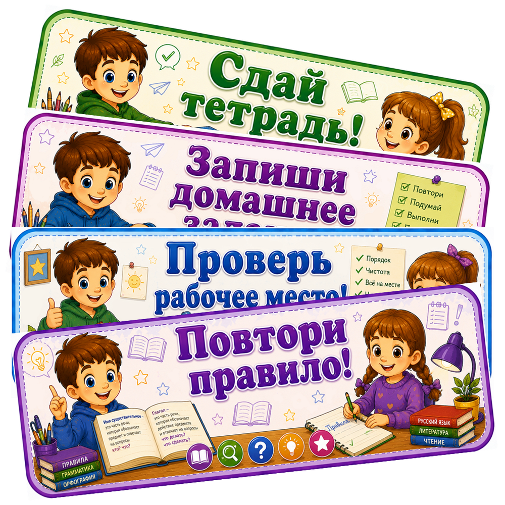 Таблички «Названия школьных предметов», «Дни недели», «Полезные напоминания». Расписание уроков. 1-4 класс. PDF-материал