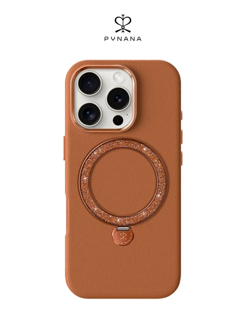 Чехол PYNANA для iPhone 16 Pro, кожа, австрийский хрусталь, нежно-коричневый