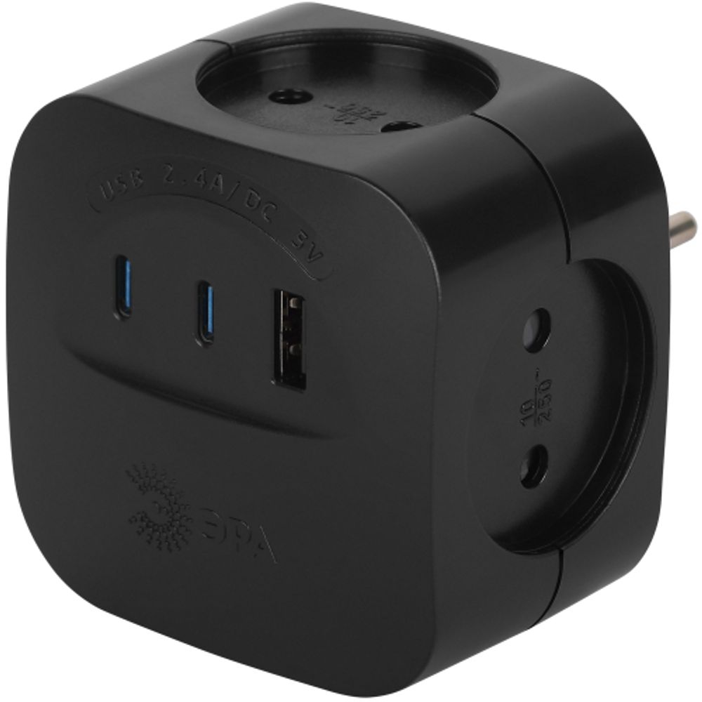 Разветвитель электрический ЭРА SP-4-3USBAC-B на 4 розетки + 3 USB A+C со шторками 10А черный | Электротовары