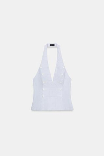 ZARA ТОП С ГОРЛОВИНОЙ ХАЛТЕР И ПУГОВИЦАМИ, СИНИЙ/БЕЛЫЙ