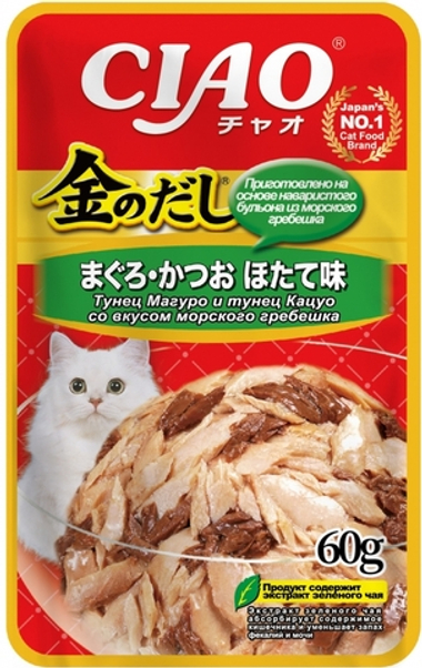 Inaba Ciao Kinodashi Тунец Магуро/Тунец Кацуо с гребешком в желе пауч для кошек 60 г