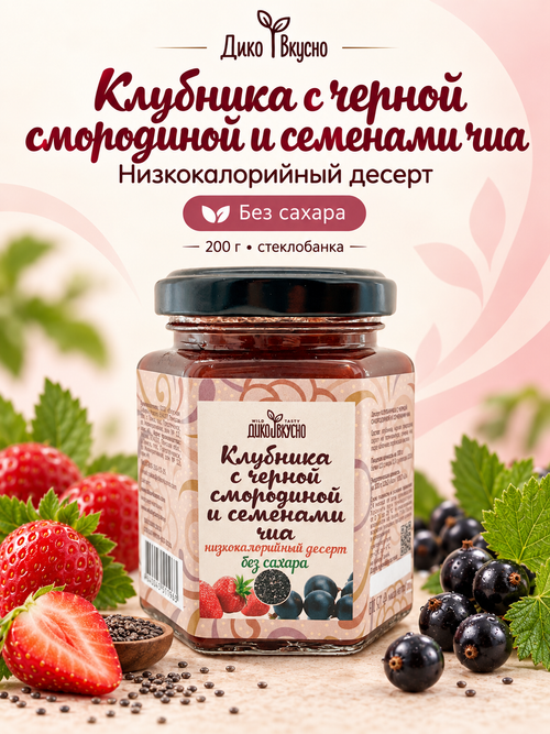Десерт Клубника с Черной смородиной и семенами чиа /200гр. /БЕЗ САХАРА /стеклобанка /ТМ Дико Вкусно