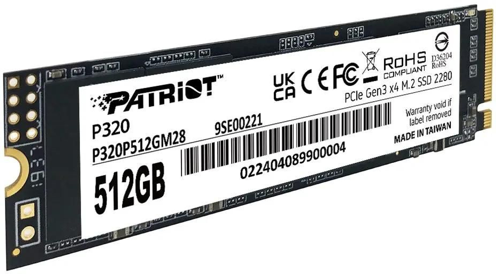 SSD Patriot P320 512Гб, M.2 2280, NVMe, Retail, PCIe3.0, Чтение:3000мб/с, Запись:2200мб/с, радиатор (P320P512GM28)