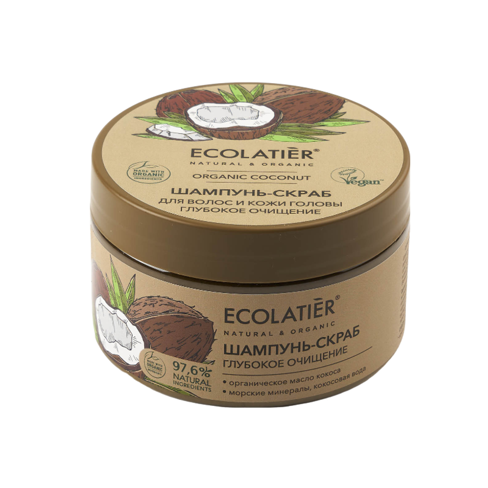 Шампунь-скраб для волос и кожи головы Глубокое Очищение ORGANIC COCONUT 300гр (ECOLATIER)