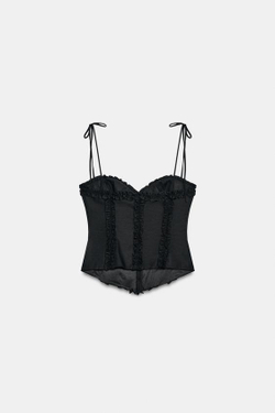 ZARA ТОП ИЗ ПОПЛИНА С ВОЛАНАМИ, ЧЕРНЫЙ