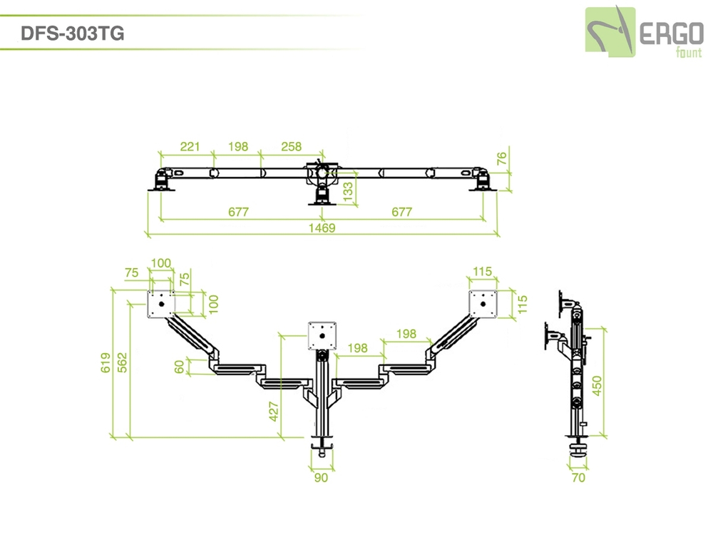 ErgoFount DFS-303TG Настольное крепление для 3 мониторов диагональю до 24'' конфигурации 1х3, два из которых на шарнирных трехколенных вылетах со струбциной к столу типа "G". Цвет - серебристый
