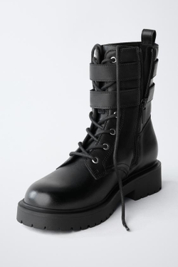 ZARA КОЖАНЫЕ САПОГИ С ДВОЙНОЙ ПРЯЖКОЙ, ЧЕРНЫЙ