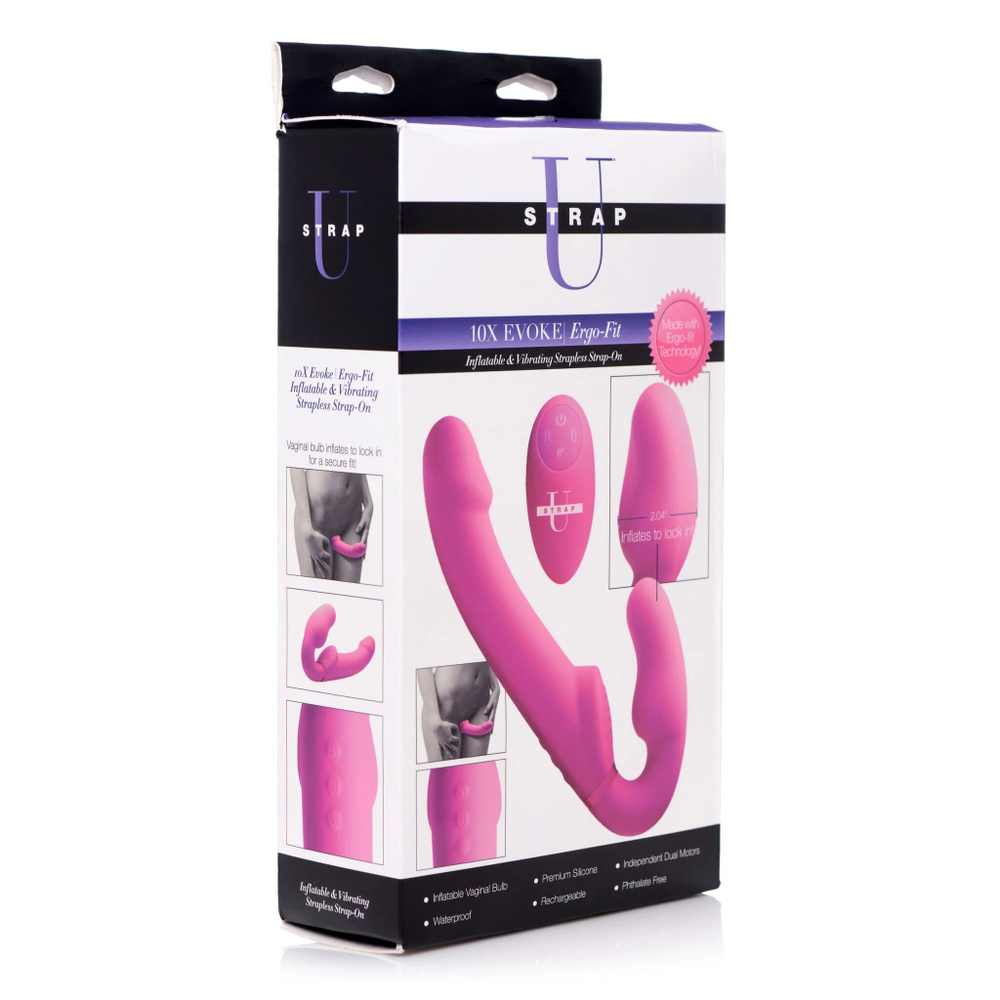 Розовый безремневой страпон с вибрацией и функцией расширения Inflatable Ergo-Fit Strapless Strap-On (Цвет: лиловый)