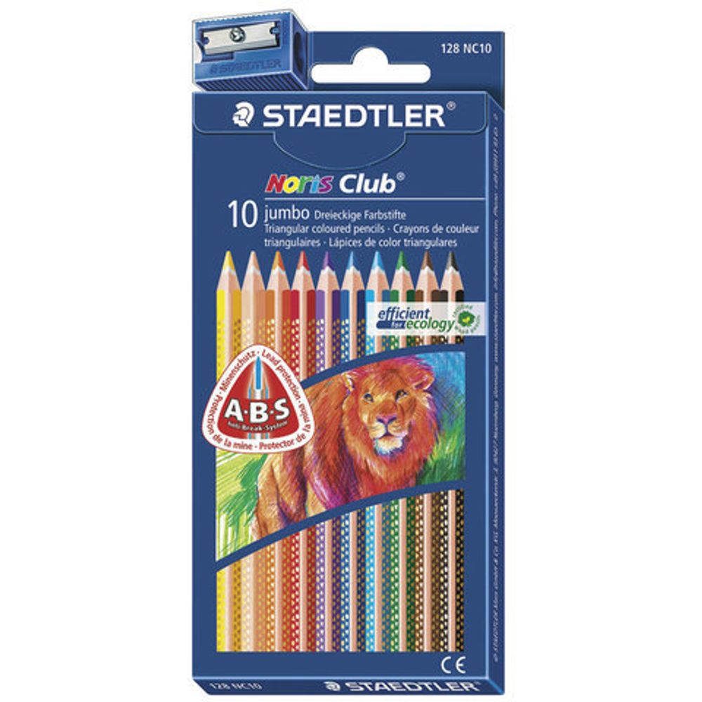 Карандаши цветные утолщенные STAEDTLER "Noris Club", 10 цветов, трехгранные, 4 мм, европодвес, 128 NC10