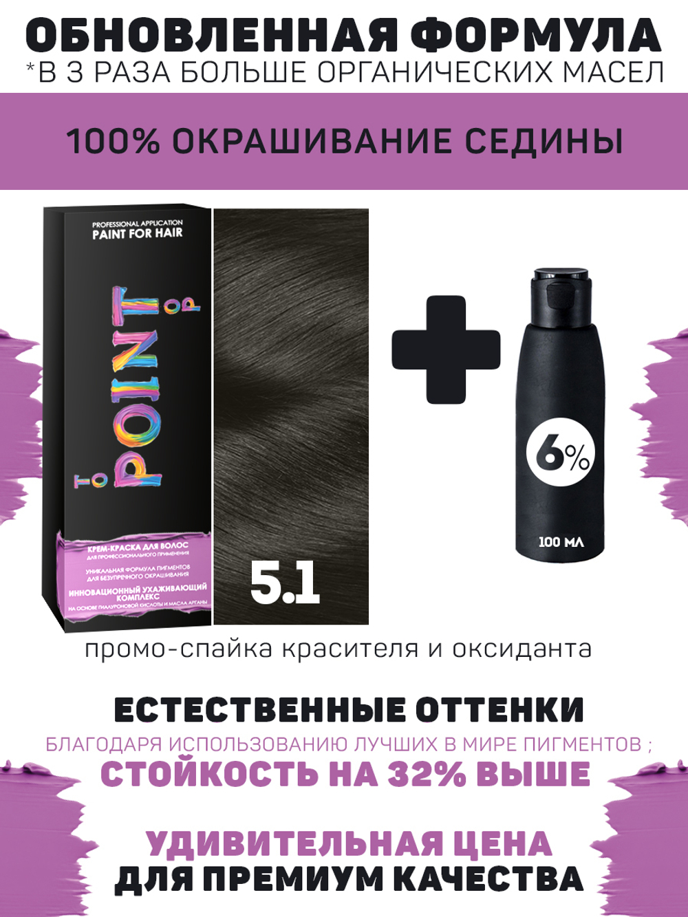POINT. ПРОМО Краска для волос для проф.прим., тон №5.1, Тёмно-русый пепельный + 6% оксид, 100/100мл