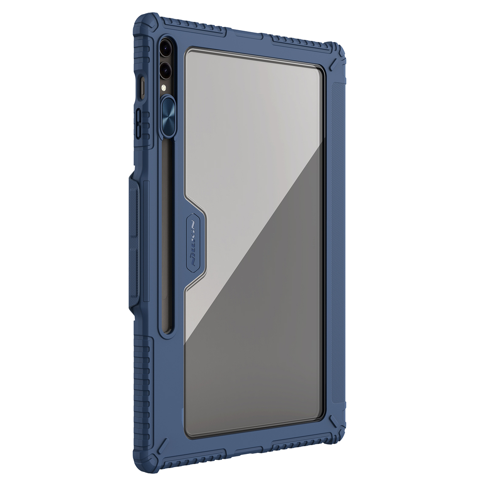 Чехол книжка синего цвета от Nillkin для планшета Samsung Galaxy Tab S9 Ultra и Tab S10 Ultra, серия Bumper Pro Case-Multi Angle Folding Style, с защитной шторкой для камеры