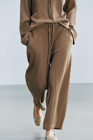 ZARA ШИРОКИЕ БРЮКИ ИЗ РИФЛЕНОГО ТРИКОТАЖА, СЕРО-КОРИЧНЕВЫЙ
