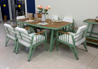 Столовая группа Ocean Dinning Set 6. Стол и 6 кресел из алюминия и ироко. Шалфейно-зелёный (Sage Green)