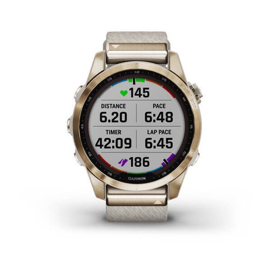 Часы Garmin Fenix 7S, Sapphire Solar, кремовое золото, кремовый нейлон 010-02539-39