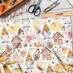 Ткань лен осенние листья гномы дома