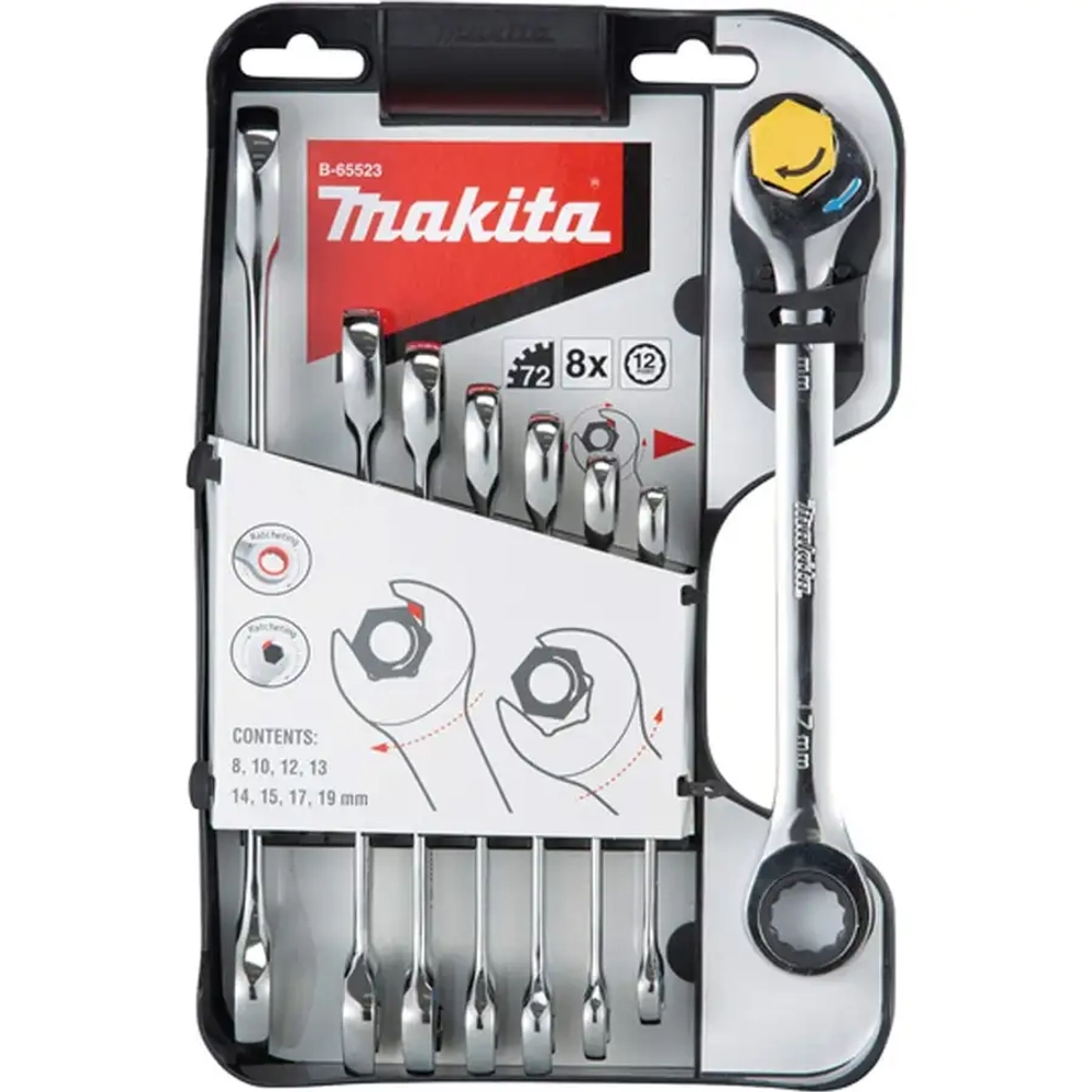 Набор ключей комбинированных, 8 шт., 8, 10, 12, 13, 14, 15, 17, 19мм Makita B-65523