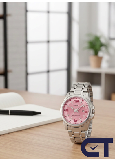 Casio LTP-1314D-5A — женские часы с розовым циферблатом, датой и неоновым покрытием