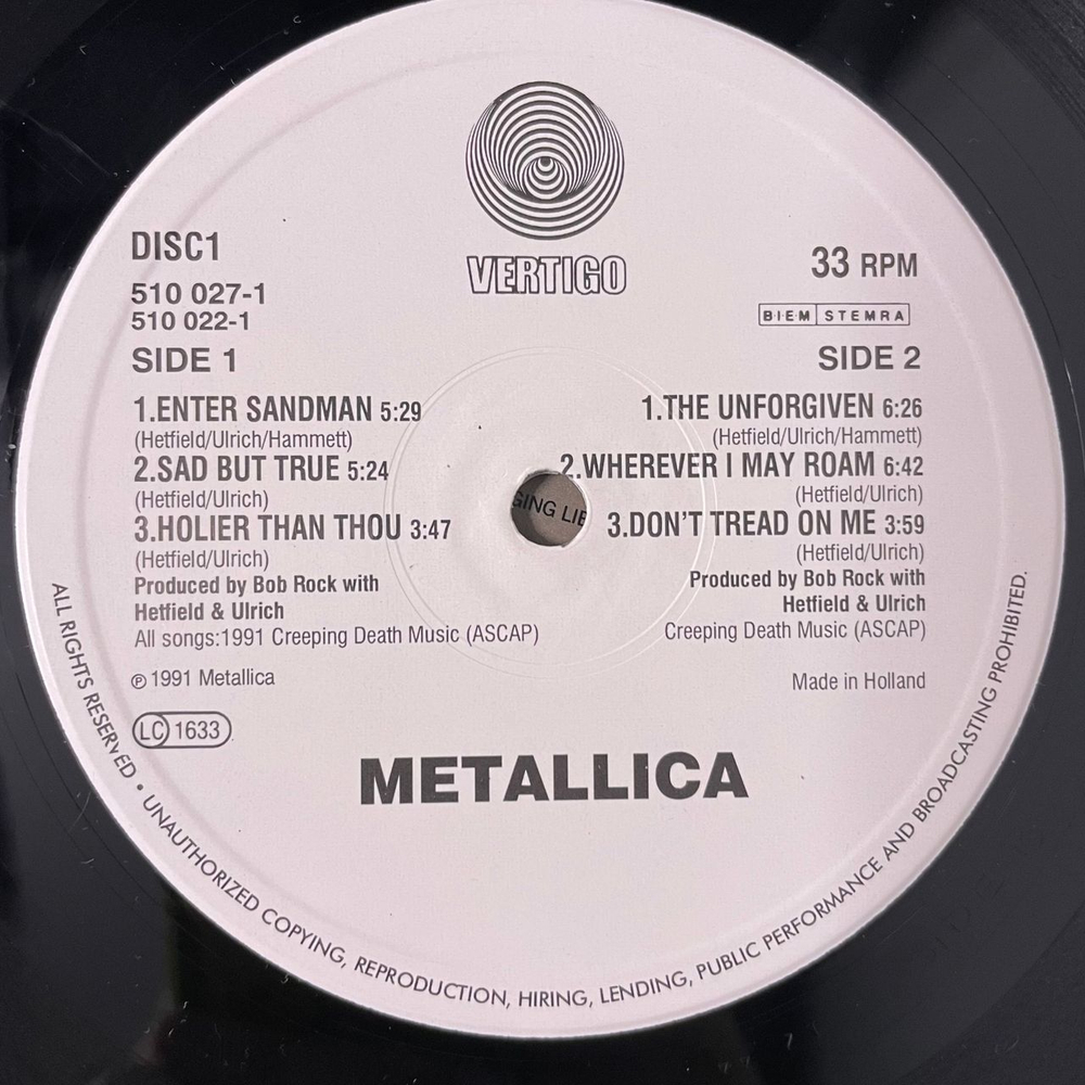 Винтажная виниловая пластинка LP Metallica Black Album Черный Альбом (Нидерланды 1991)
