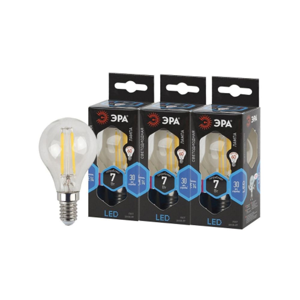 Лампа светодиодная ЭРА F-LED P45-7W-840-E14 7Вт филамент шар нейтральный белый свет Е14 | Филаментные декоративные
