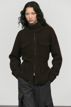 Massimo Dutti Кардиган из трикотажа, кожи и замши с карманами, коричневый